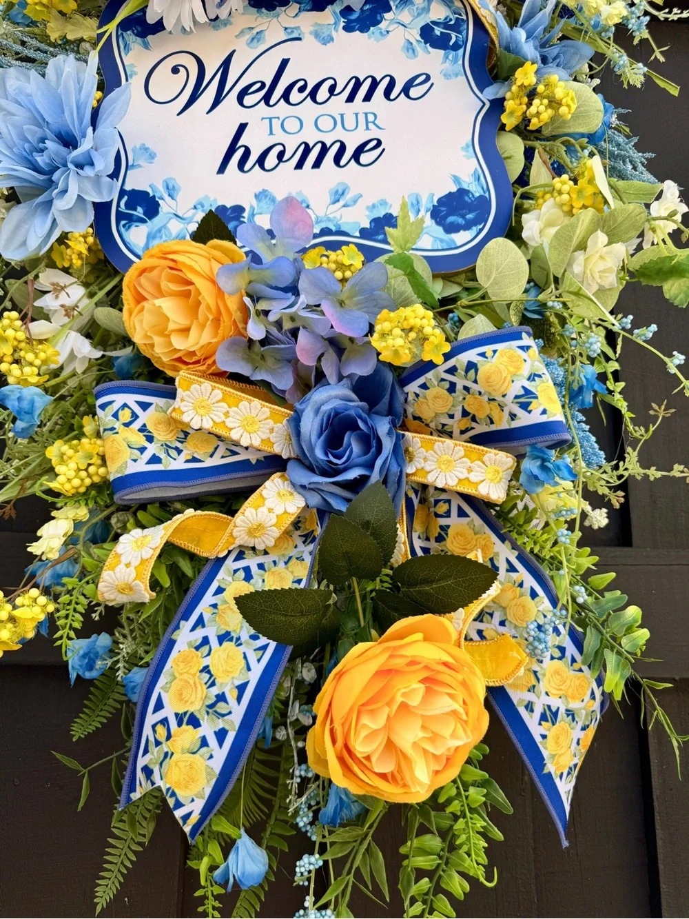 Hand Crafted Blue and Yellow Welcome Home Door Wreath